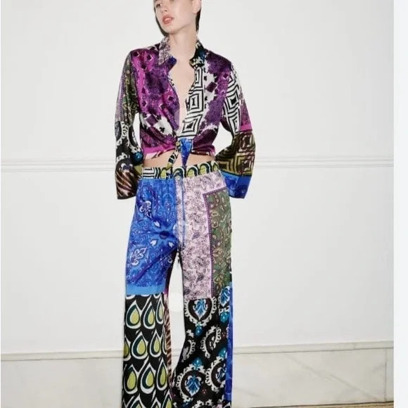 ZARA PATCHWORK BLOUSE WITH KNOT. Size Small. - Picture 2 of 9